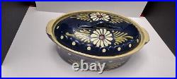 French Baeckeoffe Tureen Casserole Dish Cobalt Blue Ceramic Floral Oval Lid 14