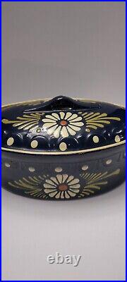 French Baeckeoffe Tureen Casserole Dish Cobalt Blue Ceramic Floral Oval Lid 14