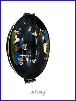 Mexico Tlaquepaque Black Oval Casserole Dish Hand painted Lid 1930s