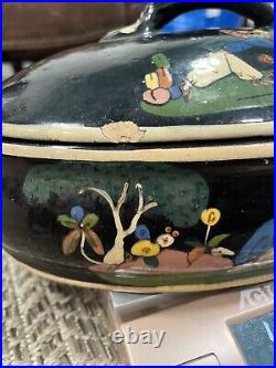 Mexico Tlaquepaque Black Oval Casserole Dish Hand painted Lid 1930s