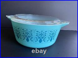 Pyrex Saxony Tree of Life Casserole Dish 475-B Turquoise With Clear Lid