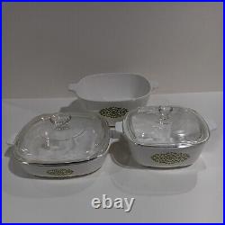RARE Vintage Corning Ware Casserole Dishes With Lids White & Green Lot of 3