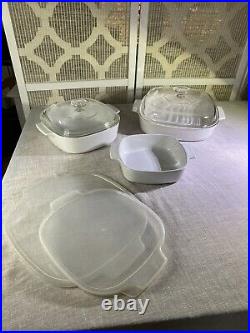 Three Rare Vintage Corning Ware All/Just White Casserole Dishes with Lids 7 Pcs
