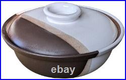 VTG Edith Heath Ceramics 2 qt Casserole Serving Dish Lid White Brown Tan Rare
