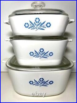 Vintage Corning Blue Cornflower Set 6 Pieces Casserole Dishes With Pyrex Lids
