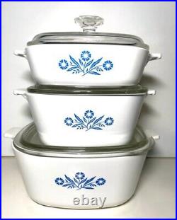 Vintage Corning Blue Cornflower Set 6 Pieces Casserole Dishes With Pyrex Lids