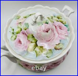 Vintage Hand Painted Pink Cabbage Rose Handled Casserole Serving Bowl Dish Lid