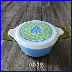 Vintage Pyrex Ocean Filigree 475b Round Casserole with Lid Blue Green 2.5 QT