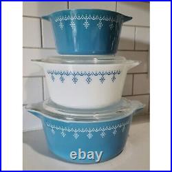 Vintage Pyrex Snowflake Garland Blue White Casserole Dish 473 474 475 Glass Lid